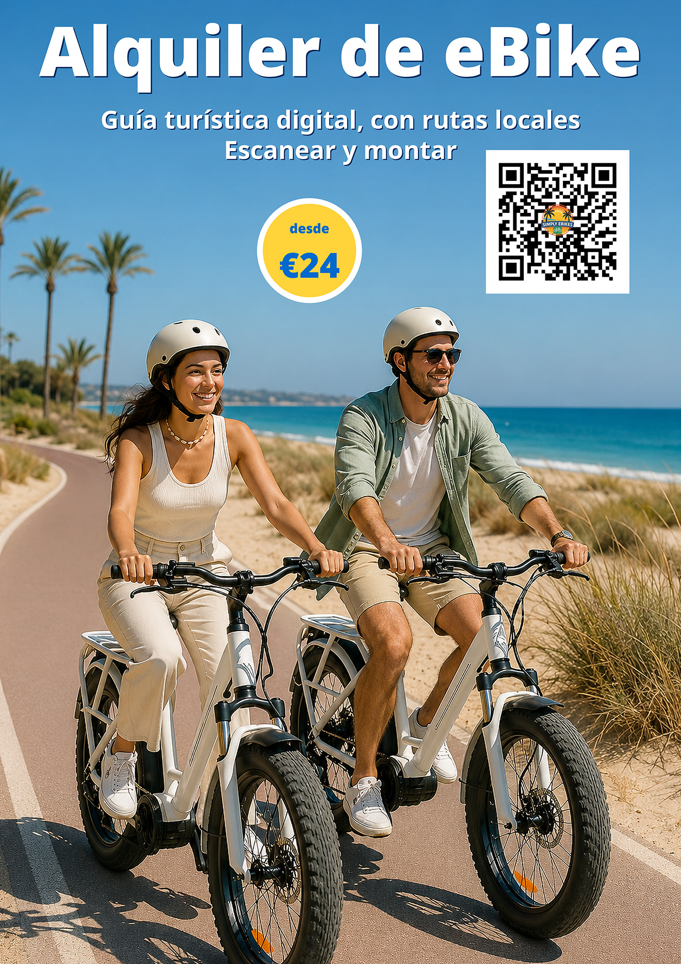 Cartel promocional en español: alquiler de eBike con guía turística digital y código QR