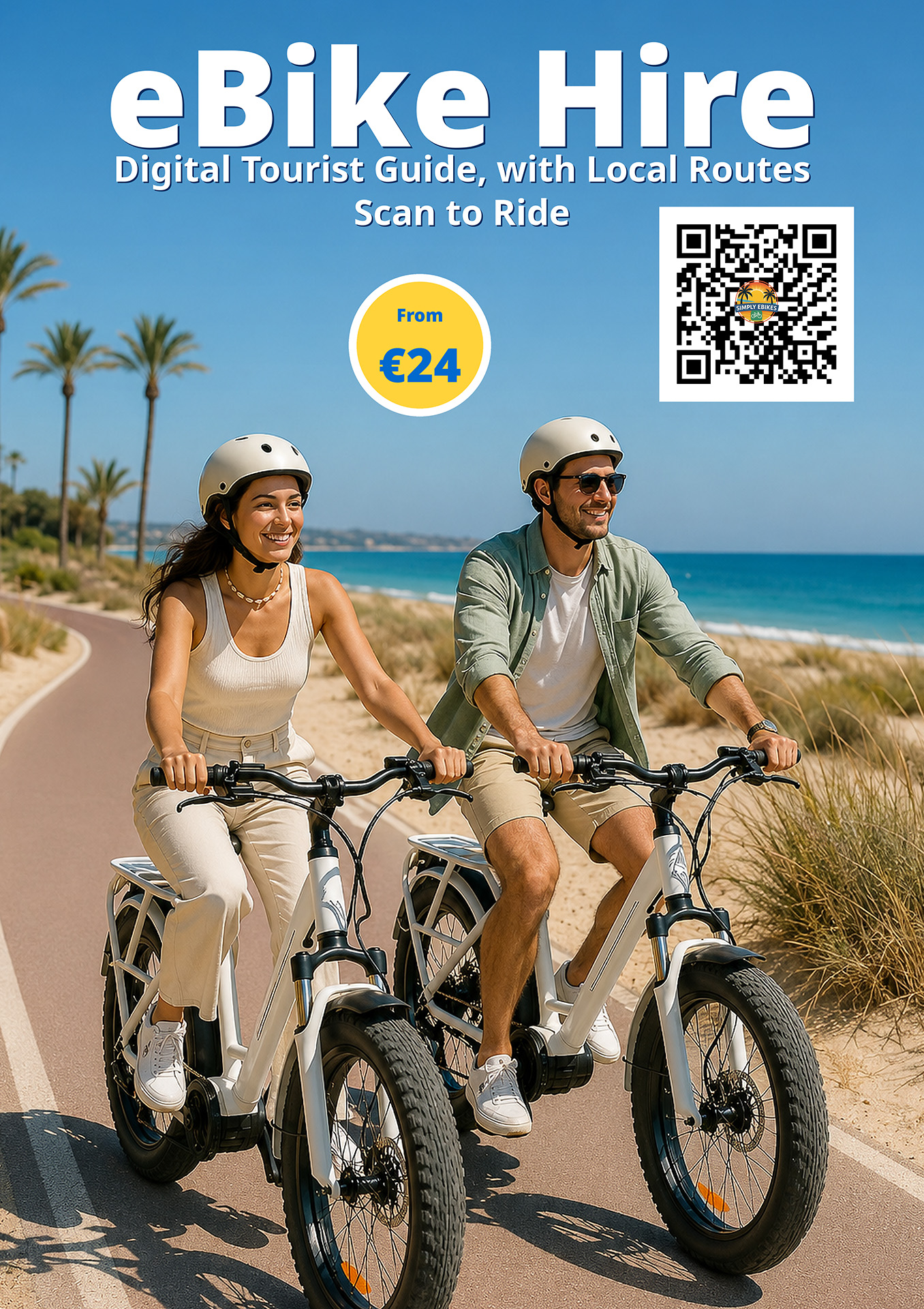Cartel promocional en inglés: eBike hire con guía turística digital y código QR
