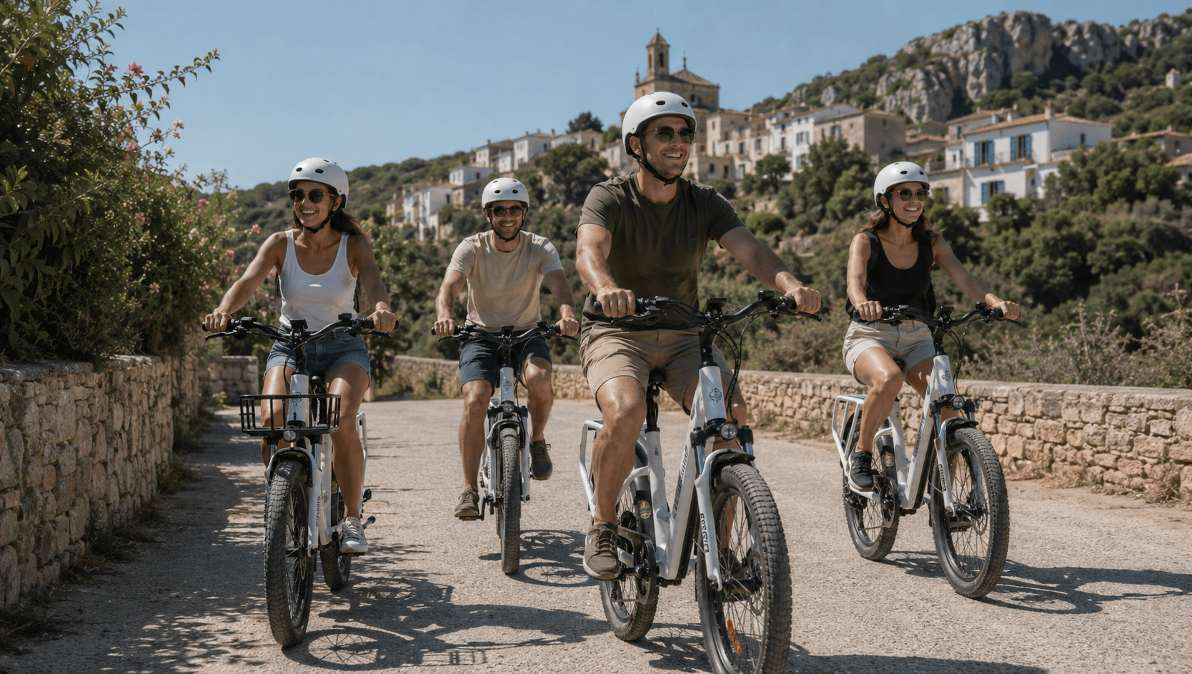 Grupo de huéspedes recorriendo el paseo marítimo en eBikes Simply eBikes