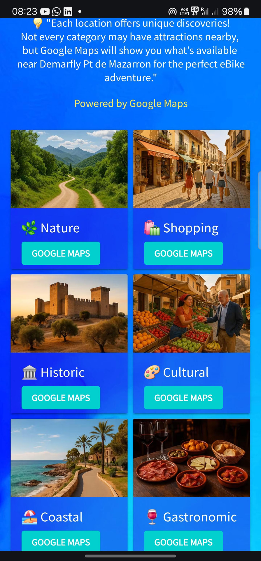 Pantalla de categorías de rutas y lugares de la app Simply eBikes