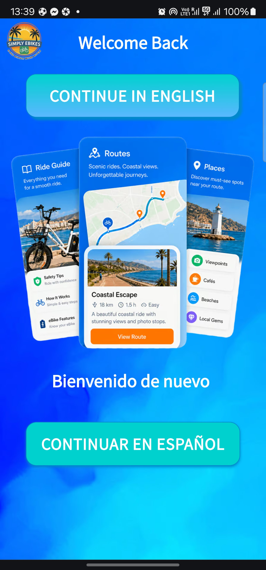 Pantalla de bienvenida de la app Simply eBikes en español e inglés